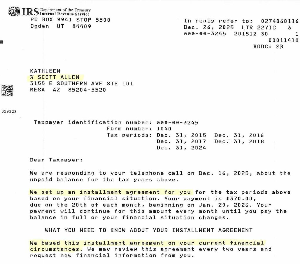 Kathleen's Gilbert AZ IRS Agreement
