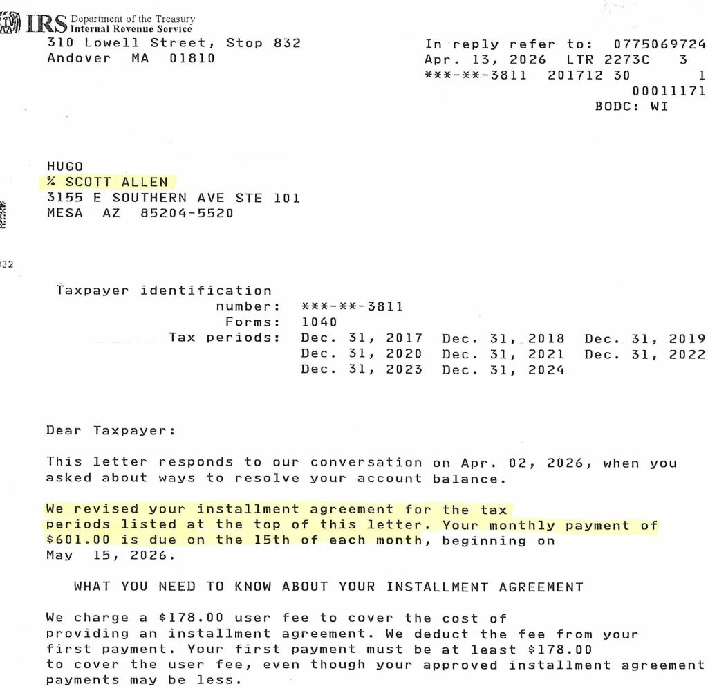 April 2026 IRS Payment Plan Mesa AZ
