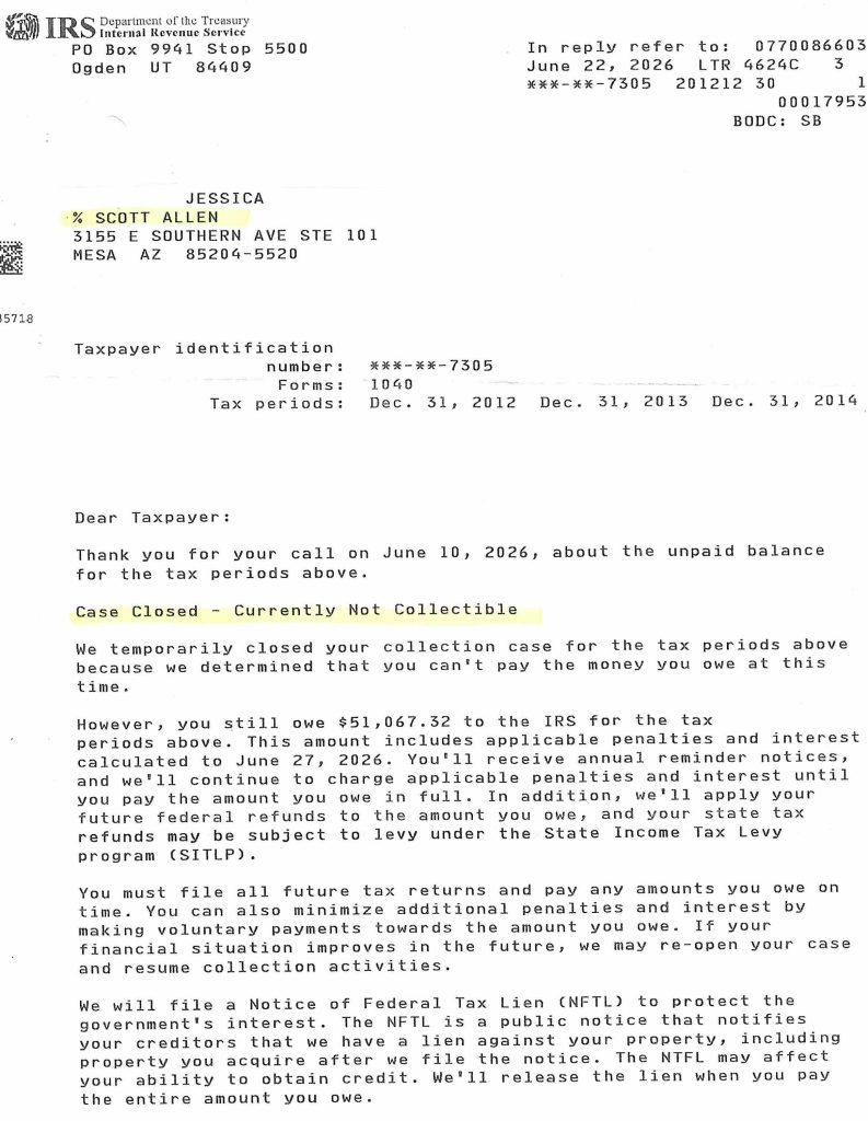 Jessica's Phoenix AZ IRS Settlement