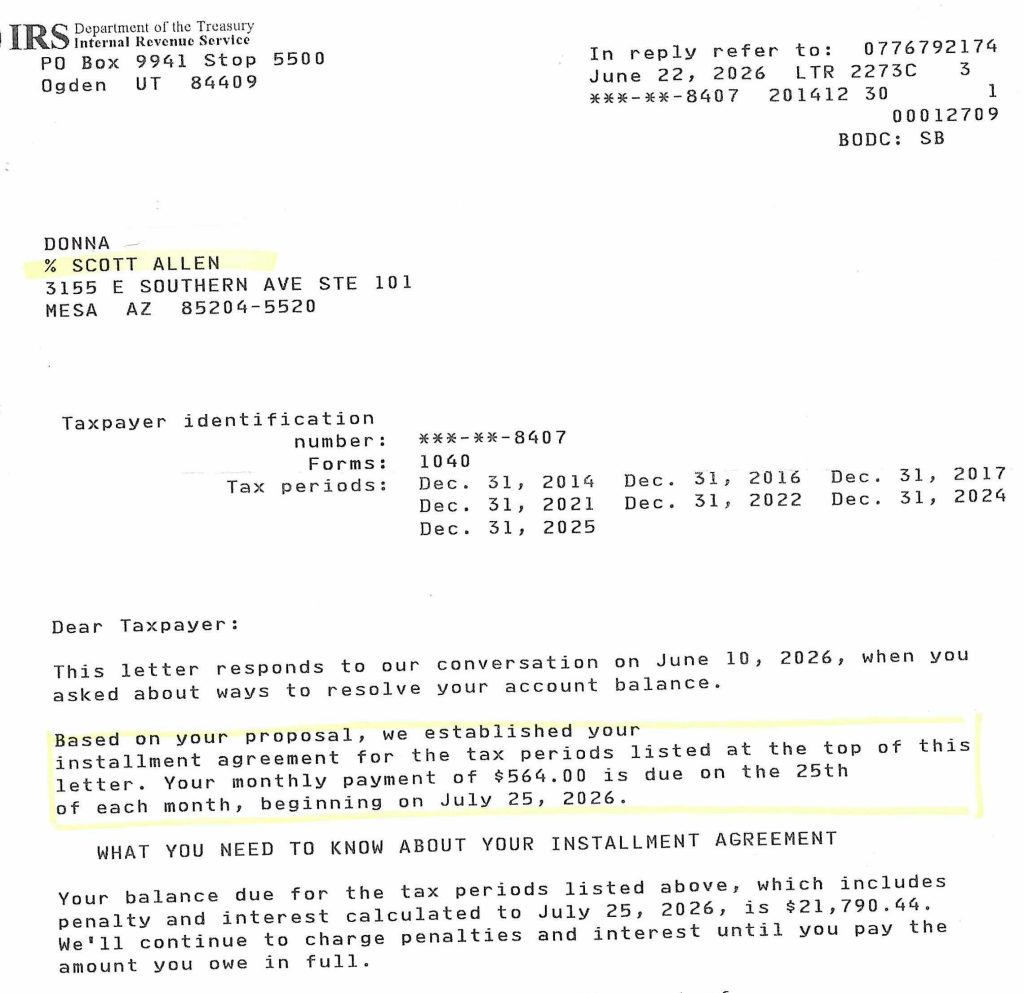 Donna's Mesa AZ Past Due IRS Taxes Owed