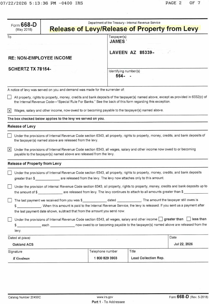 Release IRS Levy in Mesa AZ