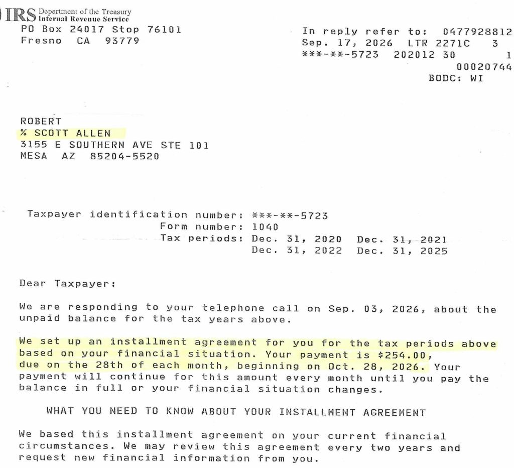 Robert's Mesa AZ IRS Settlement